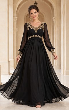 Black Gold Beaded Lace Long Sleeve Tulle A-Line Evening Gown Dress