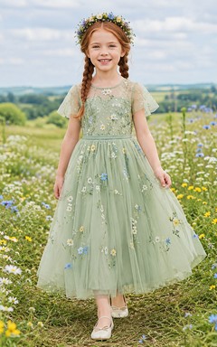 A-Line Flowergirl Sage Tulle Floor-Length Floral Applique Flutter Sleeve Wildflower Wedding Dress