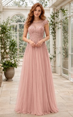 Pearl Pink Short Sleeve Lace A Line Romantic Evening Dress