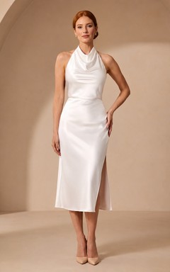 Elegantes weißes, elegantes Cocktailkleid aus Satin mit Wasserfallausschnitt und Neckholder in Teelänge