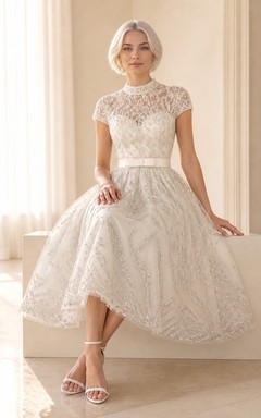 Modest Older Mother Tea-length High Neck Lace Cap Sleeve Dress