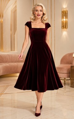 Robe de soirée vintage en velours bordeaux, coupe trapèze, longueur thé, col carré, manches courtes