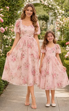 Pink Floral Puff Sleeve Mother Daughter Garden Midi Dress