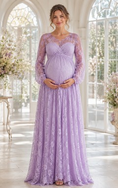 Robe de maternité lavande à manches longues, col en V, en dentelle, style empire, longueur au sol, romantique et formelle