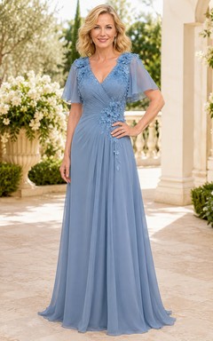 Steel Blue Chiffon A-Line Mother Dress With V-Neck