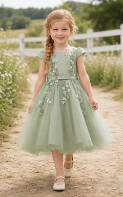 Robe de demoiselle d'honneur Sage, coupe trapèze, en tulle, col bijou, manches courtes, à imprimé floral, longueur thé