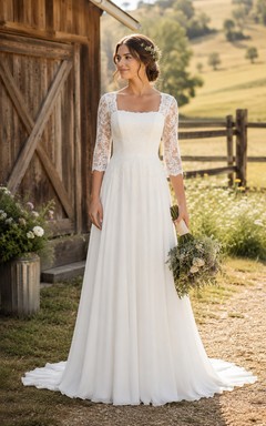 Simple Square Neck A-Line Country Wedding Dress with Three Quarter Lace Sleeves