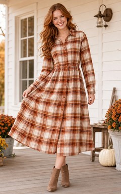 Vestido midi de manga larga con cuello camisero a cuadros color óxido para otoño