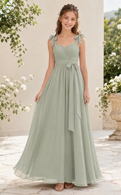 Celadonfarbenes Brautjungfernkleid für junge Mädchen, A-Linie, herzförmiger Schnitt, ärmellos, Chiffon, elegant