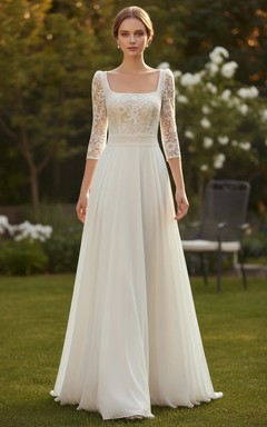 Modest Square Neck 3/4 Lace Sleeve A-Line Wedding Dress Vintage Style Chiffon Bridal Gown
