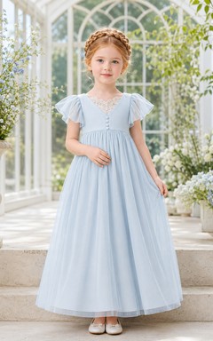 Sky Blue Flower Girl Dress Floor-Length Tulle Empire A-Line V-Neck Flutter Sleeve Lace Insert