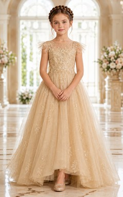 Robe de bal en tulle et dentelle champagne pour demoiselle d'honneur