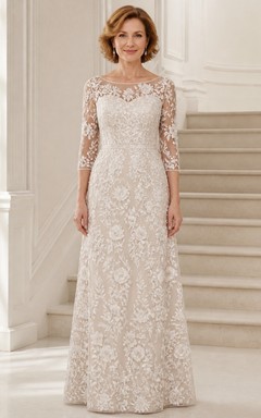 Scalloped Modest Older Brides Lace A-Line Floor-length Bateau Three-Quarter Sleeve Mother Dress