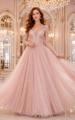 Blush Long Sleeve Lace Bodice Tulle Ball Gown Dress