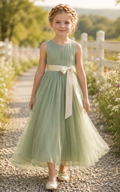 Flower Girl Dress Sage Tulle A-Line Jewel Neck Tea Length Bow Back