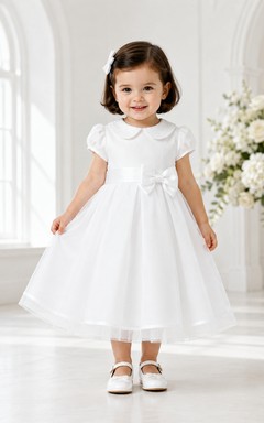 Rounded Collar Baptism Dress A-Line Cotton Tulle Short Sleeve Knee-Length Bow Back Full Skirt