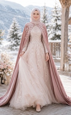 Vestido de novia de invierno musulmán de terciopelo rosa con capa y corte en A para la nieve