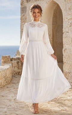 Robe de mariée bohème de plage à col montant en dentelle, manches cloche, mousseline plissée et col montant