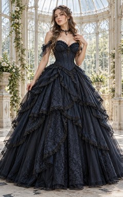 Robe de bal gothique bleu marine foncé à épaules dénudées, corset en dentelle à volants