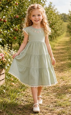 Bohemian Tea-Length A-Line Garden Flower Girl Floral Lace Tiered Dress with Jewel Neck
