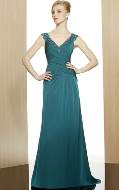 A-Linien-Kleid aus Chiffon mit V-Ausschnitt, Pailletten, ärmellos, lang, elegant, mit tiefem V-Ausschnitt am Rücken und Raffungen