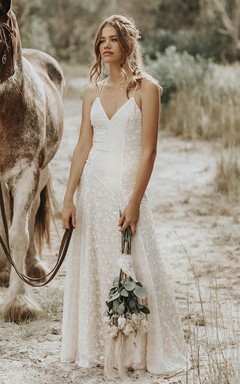 Sheath Lace Spaghetti V-neck Wedding Gown With Straps And Open Back