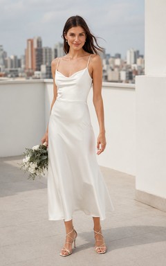 Elegant Civil Satin Sheath Cowl Spaghetti Asymmetric Midi Wedding Dress