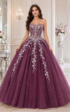 Plum Silver Luxury Strapless Sweetheart Glitter Sweet Sixteen Princess Formal Ball Gown