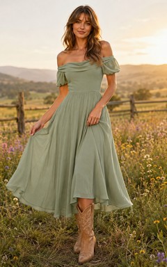 Salbeigrünes schulterfreies, kurzärmeliges Chiffon-Midikleid im A-Linien-Stil im Landhausstil
