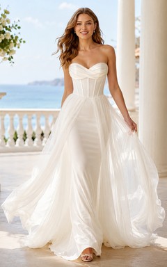 Vestido de novia sencillo sin tirantes con corsé y falda transparente desmontable, corte en A.