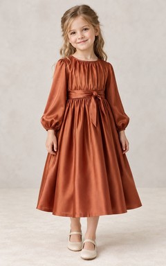 Long Sleeve Tea-length Country Rust Gathered Neck Satin Flower Girl Dress
