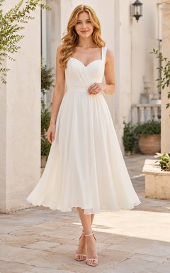 Weißes, herzförmiges, trägerloses, tief ausgeschnittenes, plissiertes Chiffon-Teekleid in romantischer A-Linie