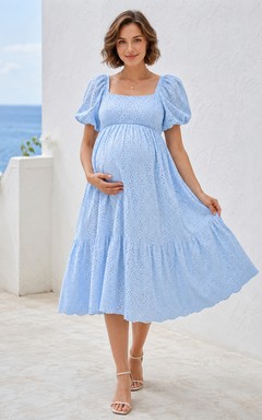 Sky Blue Maternity Square Neck Puff Sleeve Eyelet Lace Tiered Tea Dress