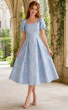 Castle Sky Blue Square Neck Jacquard Organza A-Line Tea-Length Puff Sleeve Dress