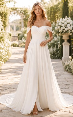 Chiffon-Brautkleid in A-Linie, schulterfrei, bodenlang mit Schlitz und tiefem V-Ausschnitt am Rücken