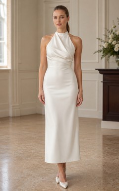 Minimalist Satin Wedding Dress Sheath Halter Sleeveless Knee Length Open Back Bridal Gown