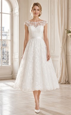 Classic Tea-Length Bateau Cap Sleeve Lace A-Line Vintage Wedding Dress