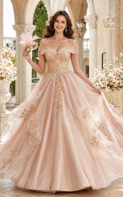 Romantic Blush Off-Shoulder Sweetheart Applique Tulle Ball Gown Sweep Train Masquerade Dress