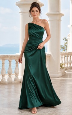 Dark Green Satin One-Shoulder Sleeveless Sheath Floor-length Formal Dress