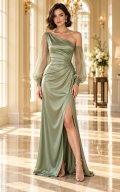Sage One-Shoulder Long Illusion Sleeve Draped Satin Evening Dress