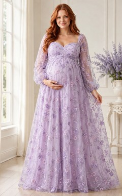 Langärmeliges, lavendelfarbenes, romantisches Chiffon-Umstandskleid mit eckigem Ausschnitt und Empire-Schnitt