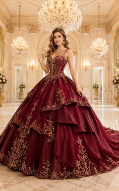 Robe de bal de princesse de luxe pour quinceañera, en dentelle dorée bordeaux à volants superposés, idéale pour une grande salle de bal.