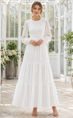 Modest Square Neck Long Sleeve Tiered Chiffon Formal Dress