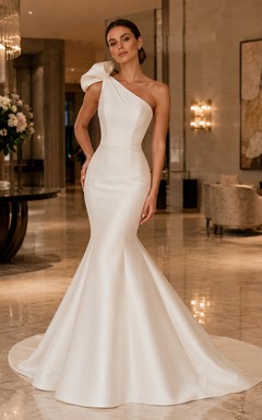 Minimalist Satin Wedding Dress Mermaid One Shoulder Sleeveless Sweep Train Bridal Gown