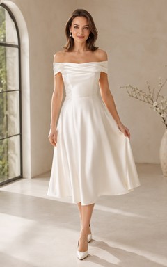 Modernes standesamtliches Brautkleid aus Satin in A-Linie, schulterfrei, wadenlang
