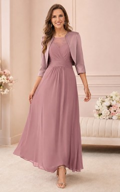 Romantic Vintage Mauve Three-Quarter Sleeve Chiffon A-Line Floor-Length Bolero Gown