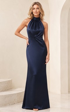 Dark Navy Satin Halter Sleeveless Sheath Floor-length Evening Dress