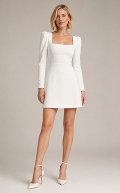 Robe fourreau minimaliste ivoire, courte, mini-carrée, manches longues, en satin stretch, simple et moderne, style cocktail, robe de soirée, robe de cour