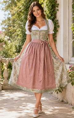 Vintage Blush Sage Square Neck Puff Sleeve Floral Dirndl A-Line Tea-Length Dress