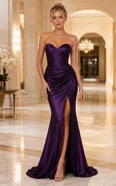 Dark Purple Satin Strapless Ruched Mermaid Floor-length Split Evening Dress